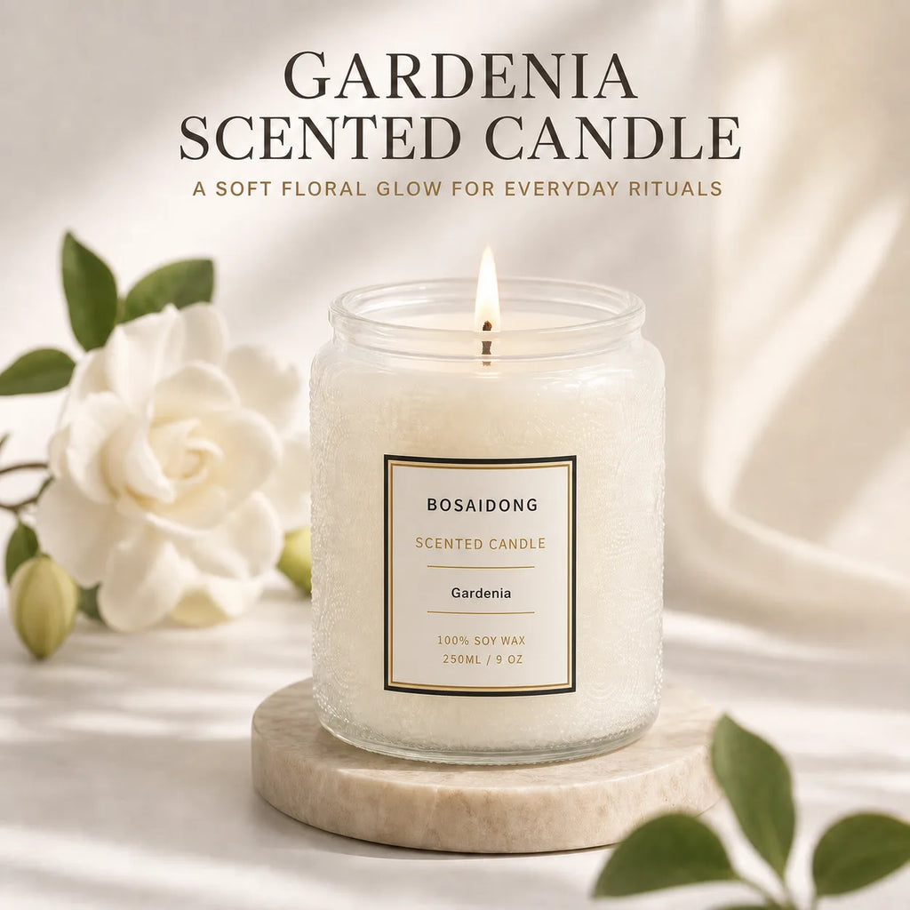 Gardenia candle glowing beside an open book in a cozy reading corner