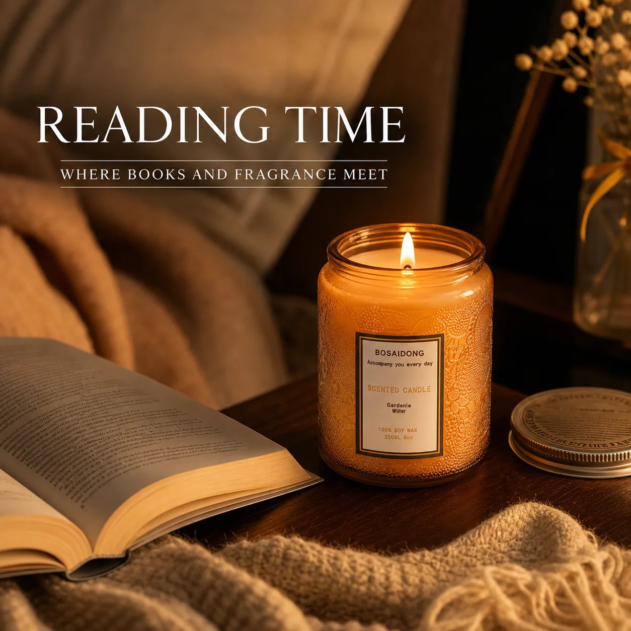 Embossed glass scented candle on a bedside table at night