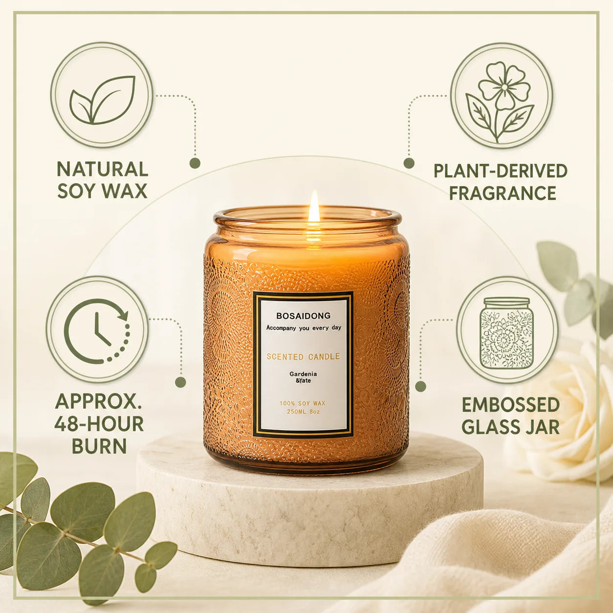 Close-up product details and lifestyle display of the gardenia scented candle