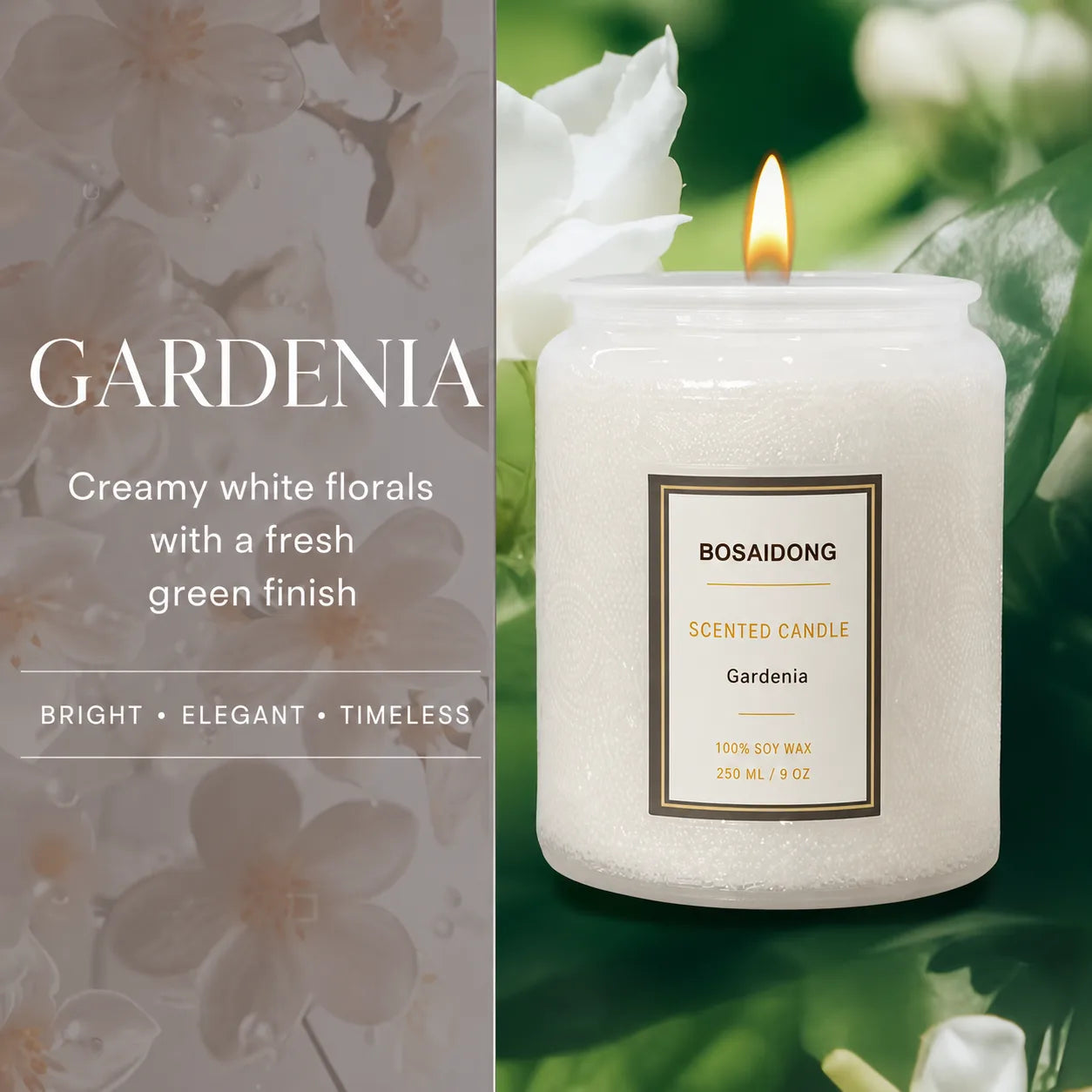 Gardenia Scented Soy Candle – 9 oz Embossed Glass Jar Candle