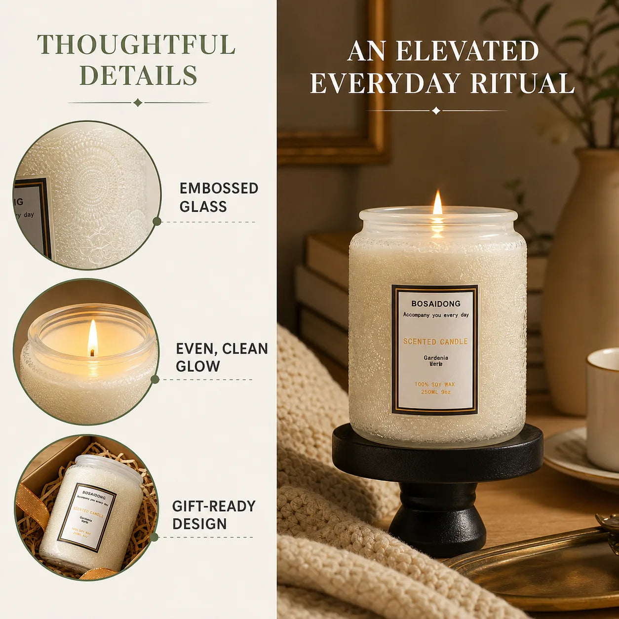Gardenia scented soy candle in a clear embossed glass jar with white flowers