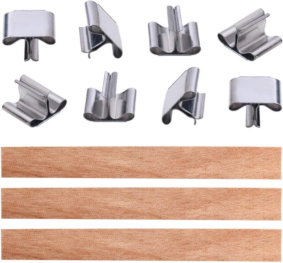 Wood candle wicks paired with metal base clips