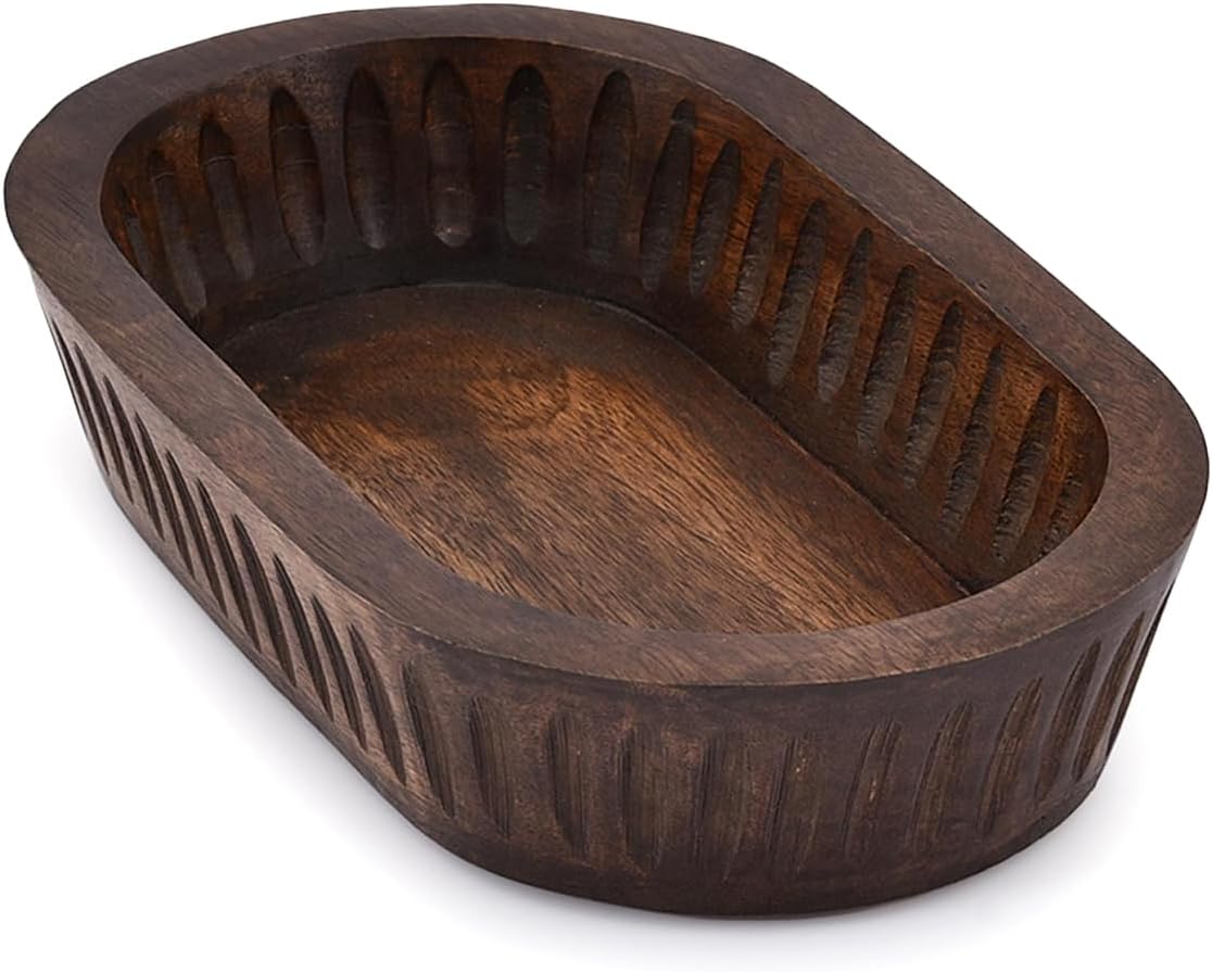Dark brown carved mango wood decorative bowl