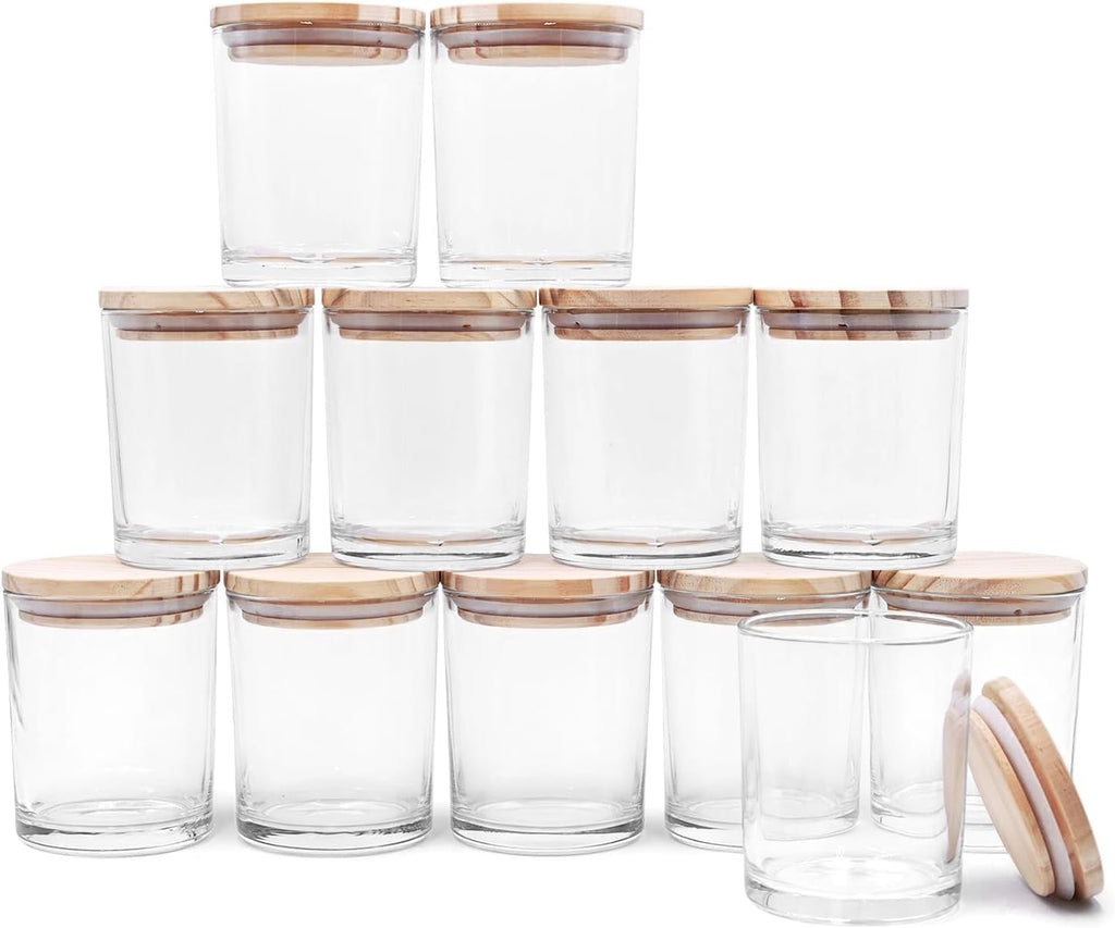 Twelve clear 7 oz candle jars with wood lids