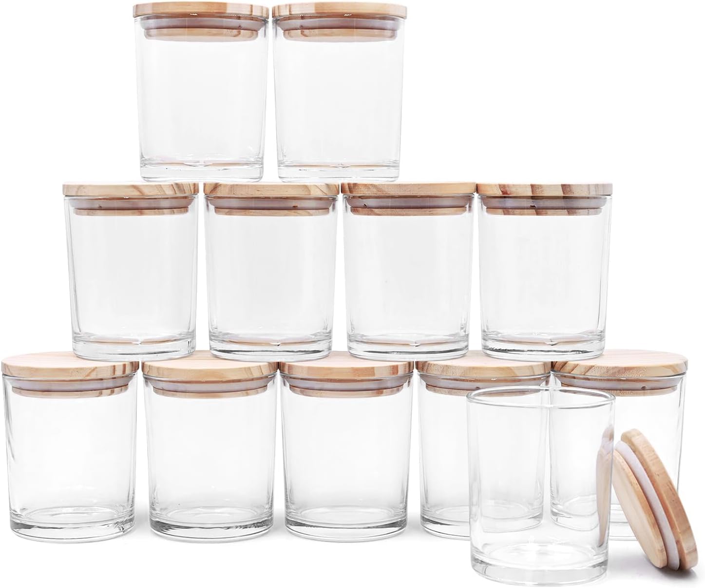 Twelve clear 7 oz candle jars with wood lids