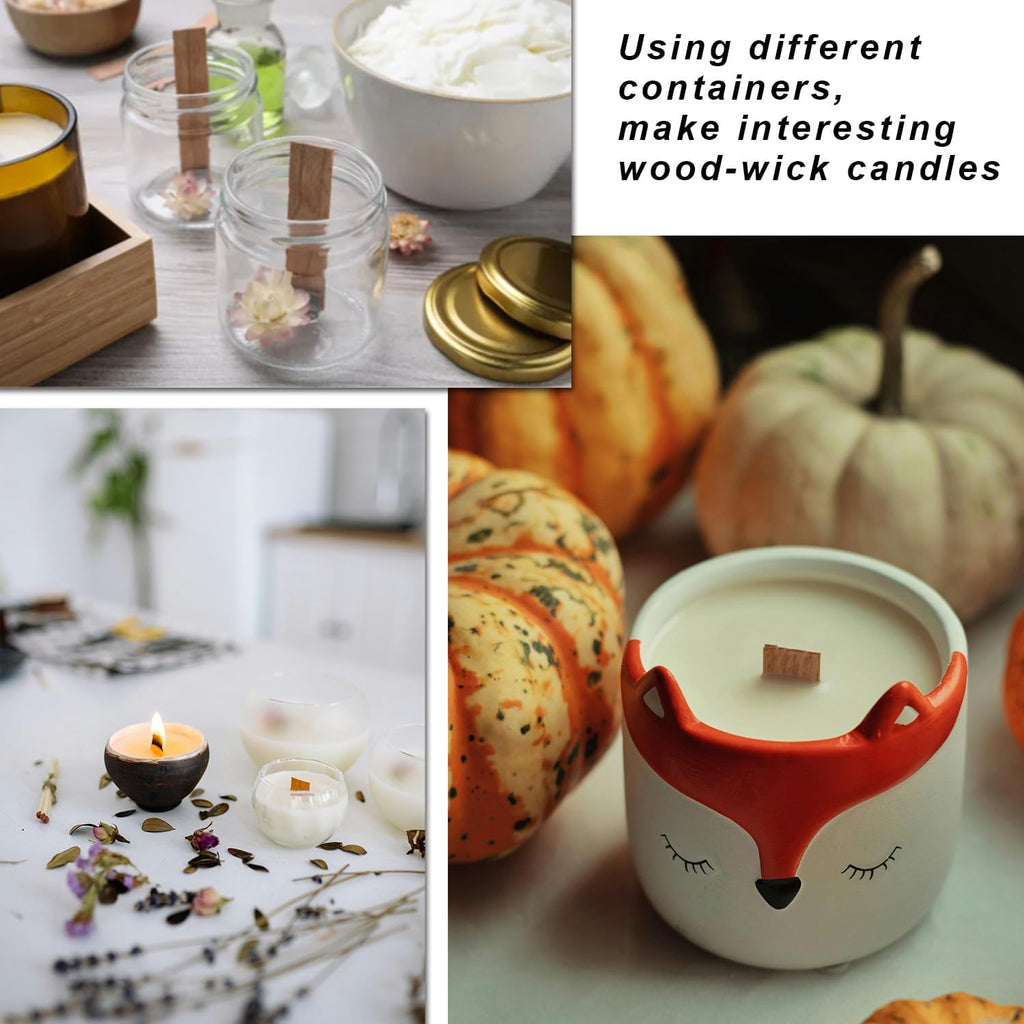 Wood wicks used in decorative candle containers