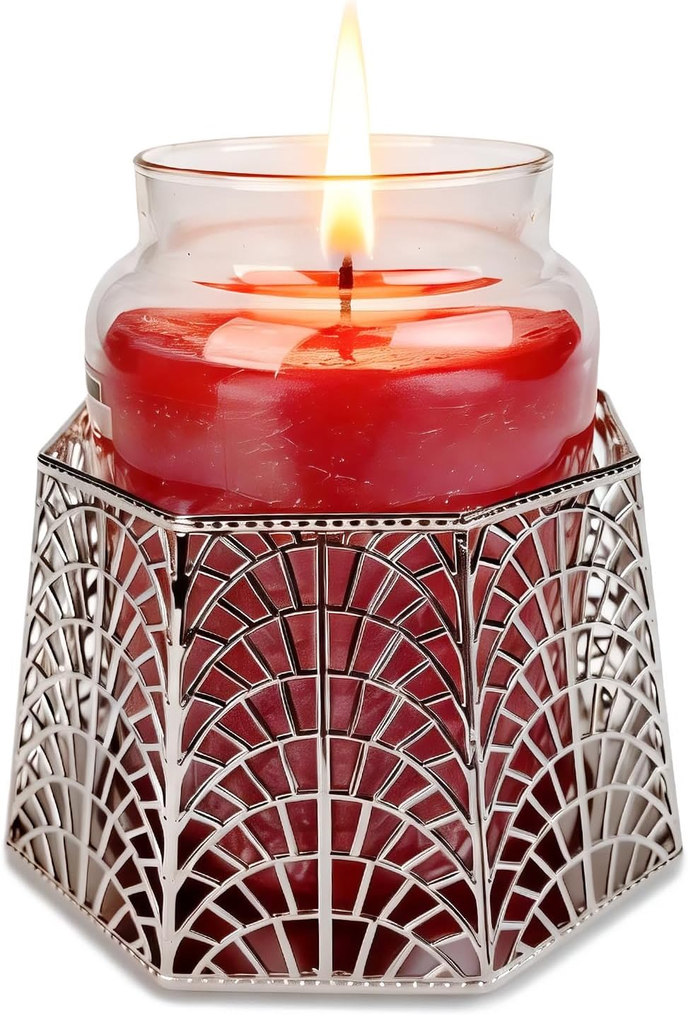 Silver holder supporting a jar candle