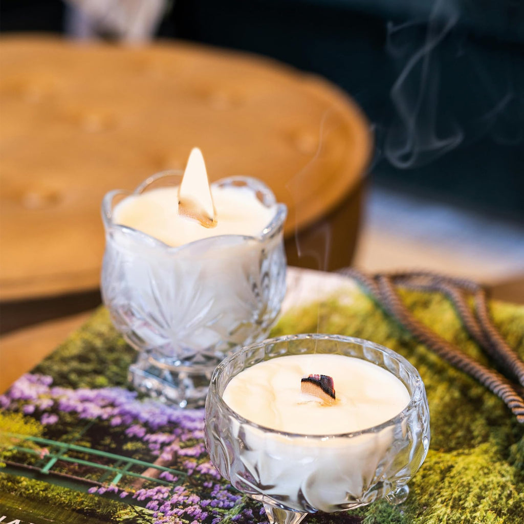 Finished glass candles with wooden wicks