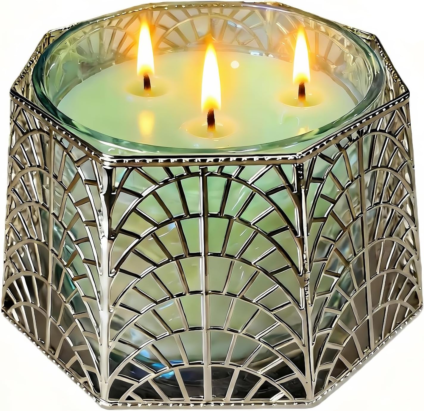 Silver holder fitted with a three-wick candle