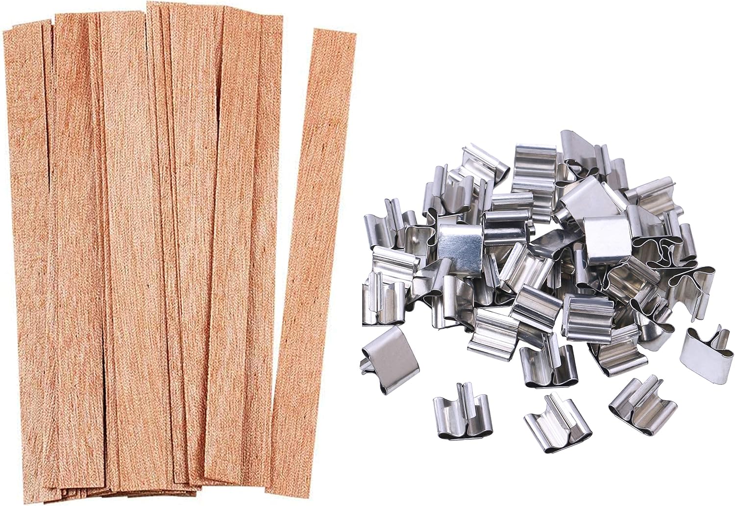 Fifty wooden candle wicks with fifty metal bases