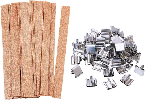 Fifty wooden candle wicks with fifty metal bases
