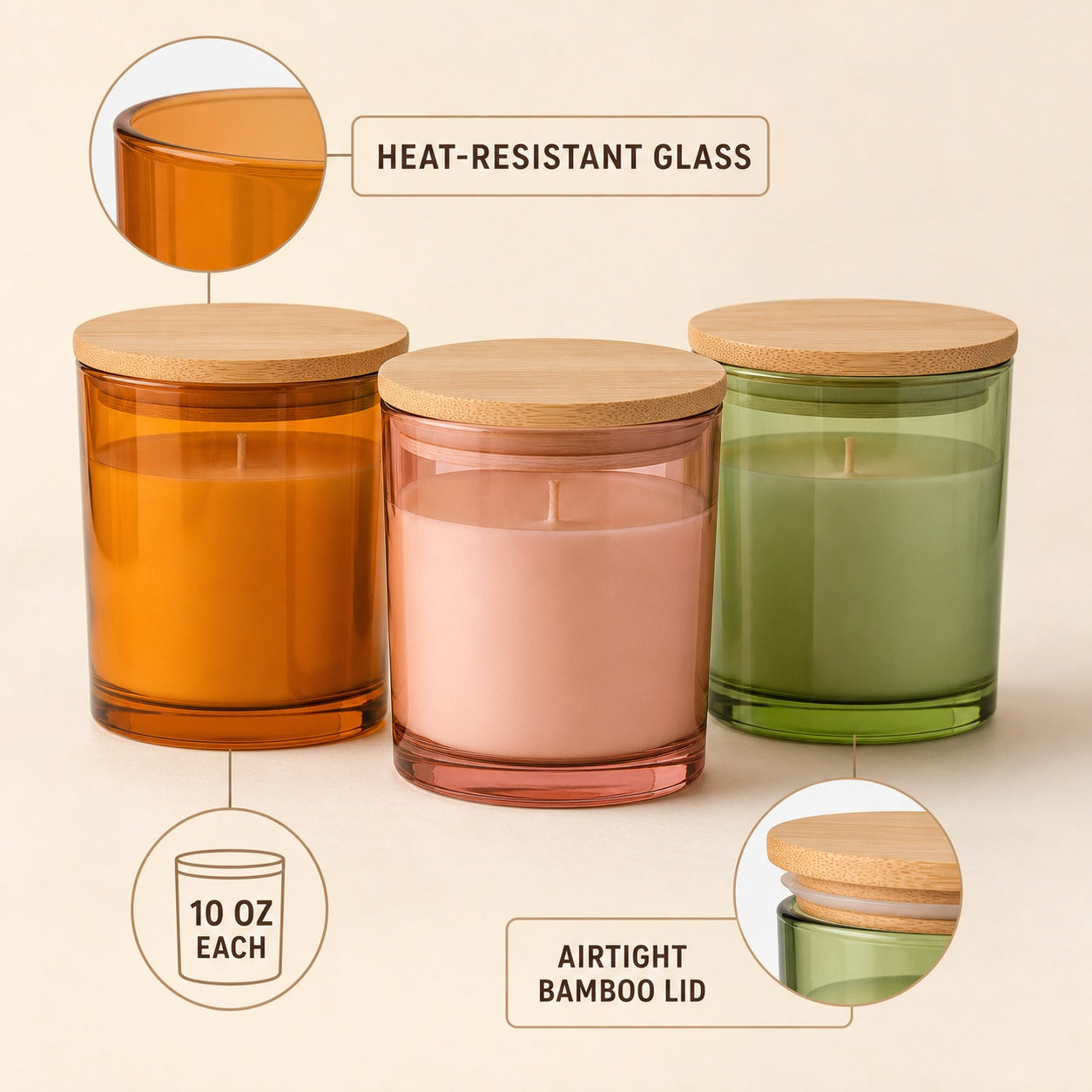 Colorful Glass Candle Jars - features and dimensions