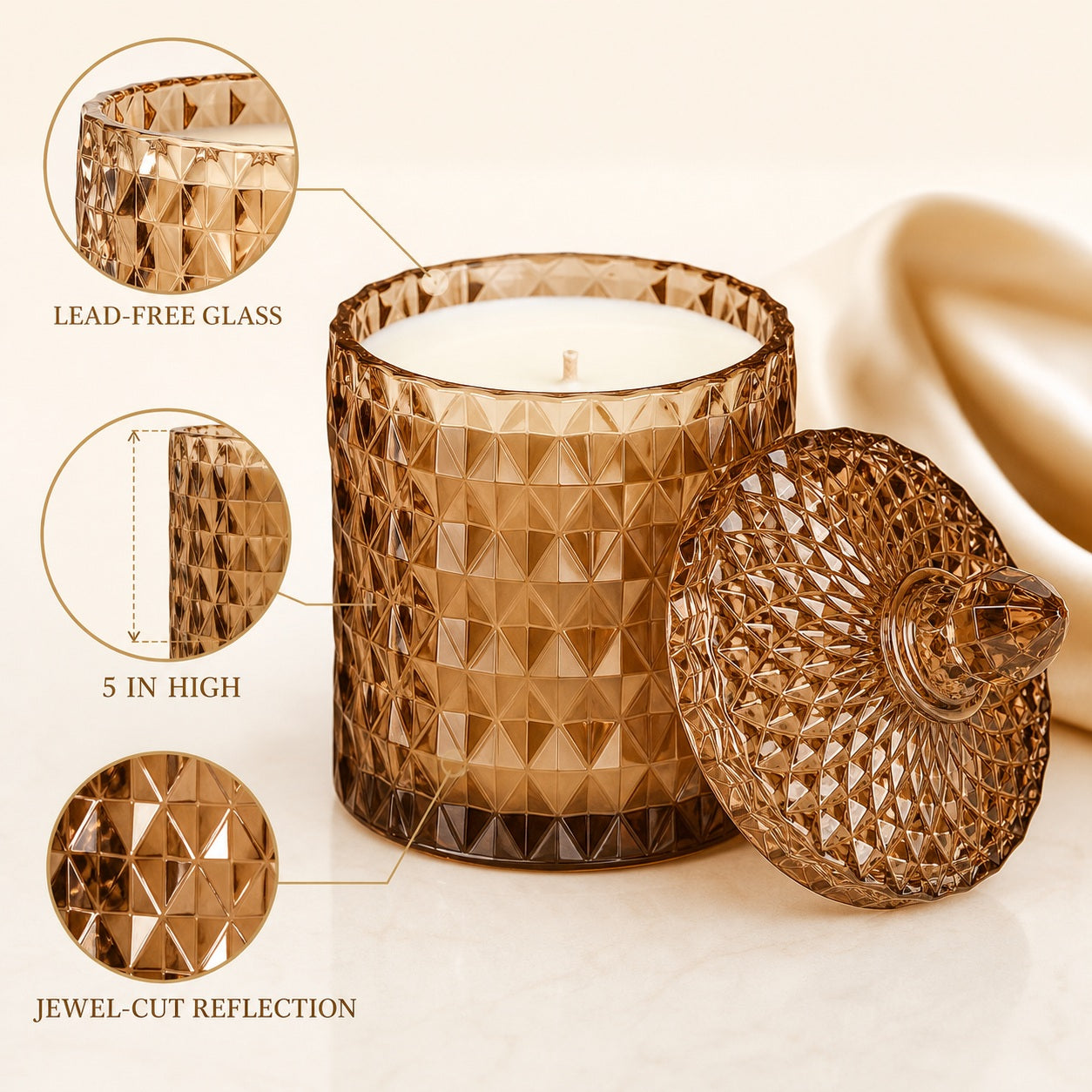 Vintage Faceted Glass Candle Jar - features and dimensions