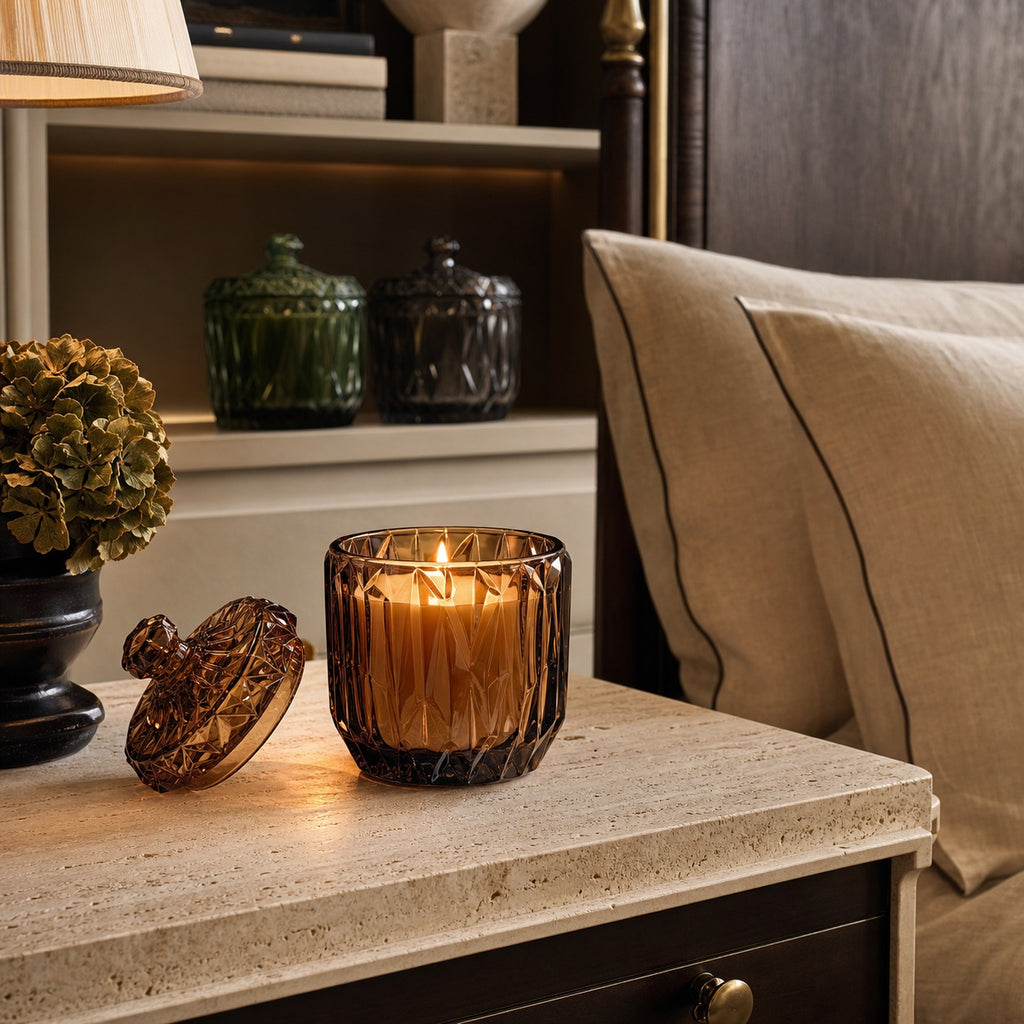 Vintage Faceted Glass Candle Jar - lifestyle scene