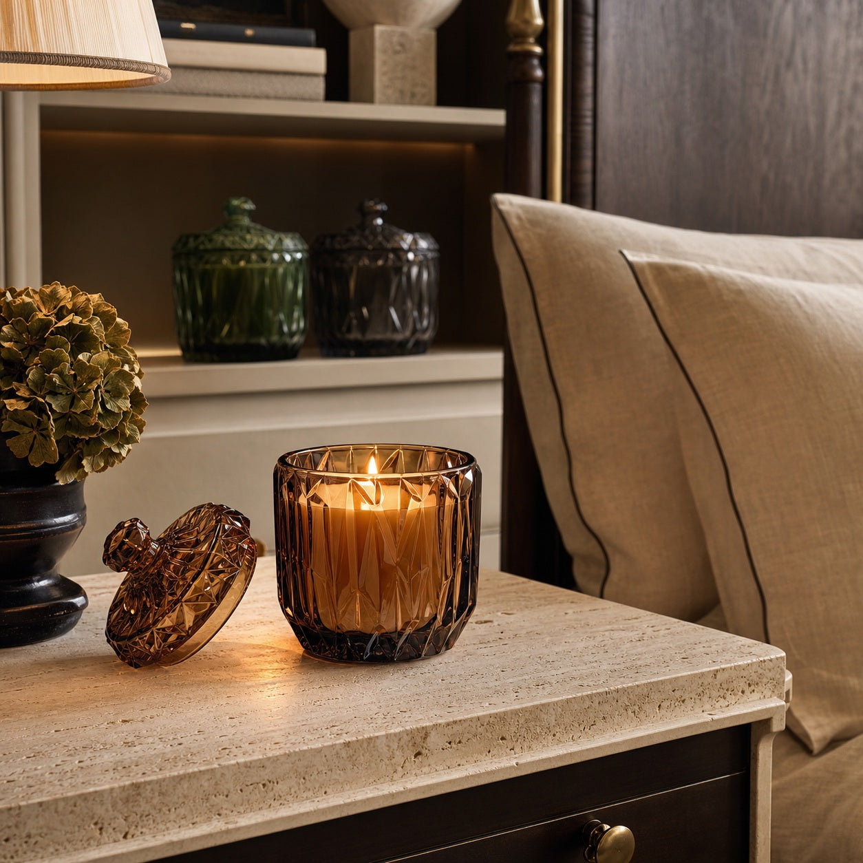 Vintage Faceted Glass Candle Jar - lifestyle scene