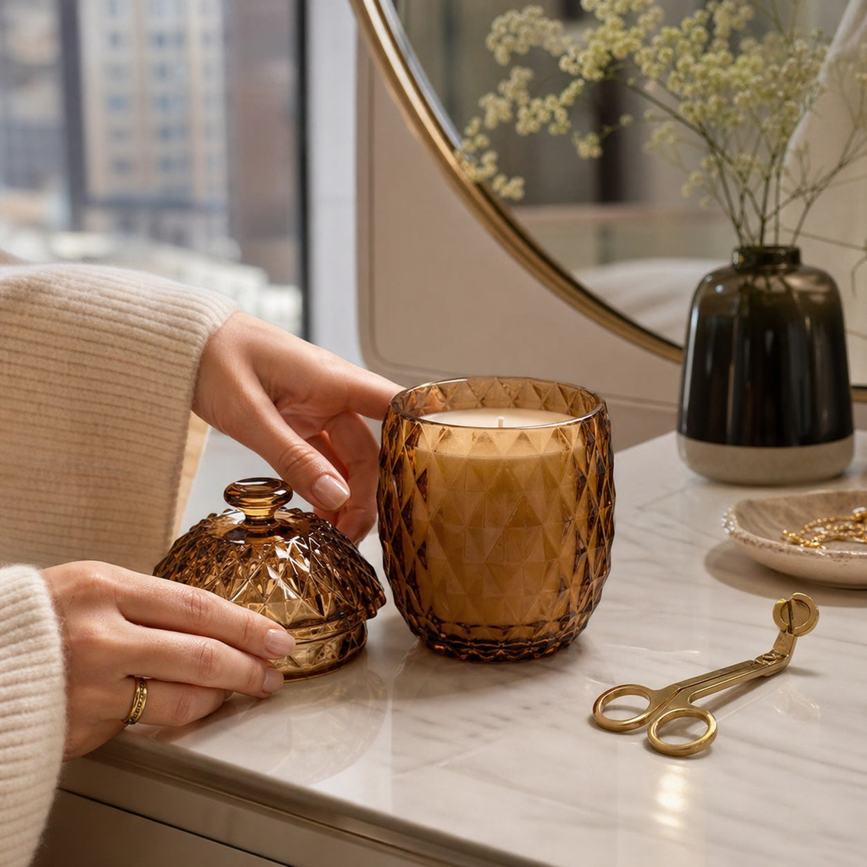 Vintage Faceted Glass Candle Jar - product in use