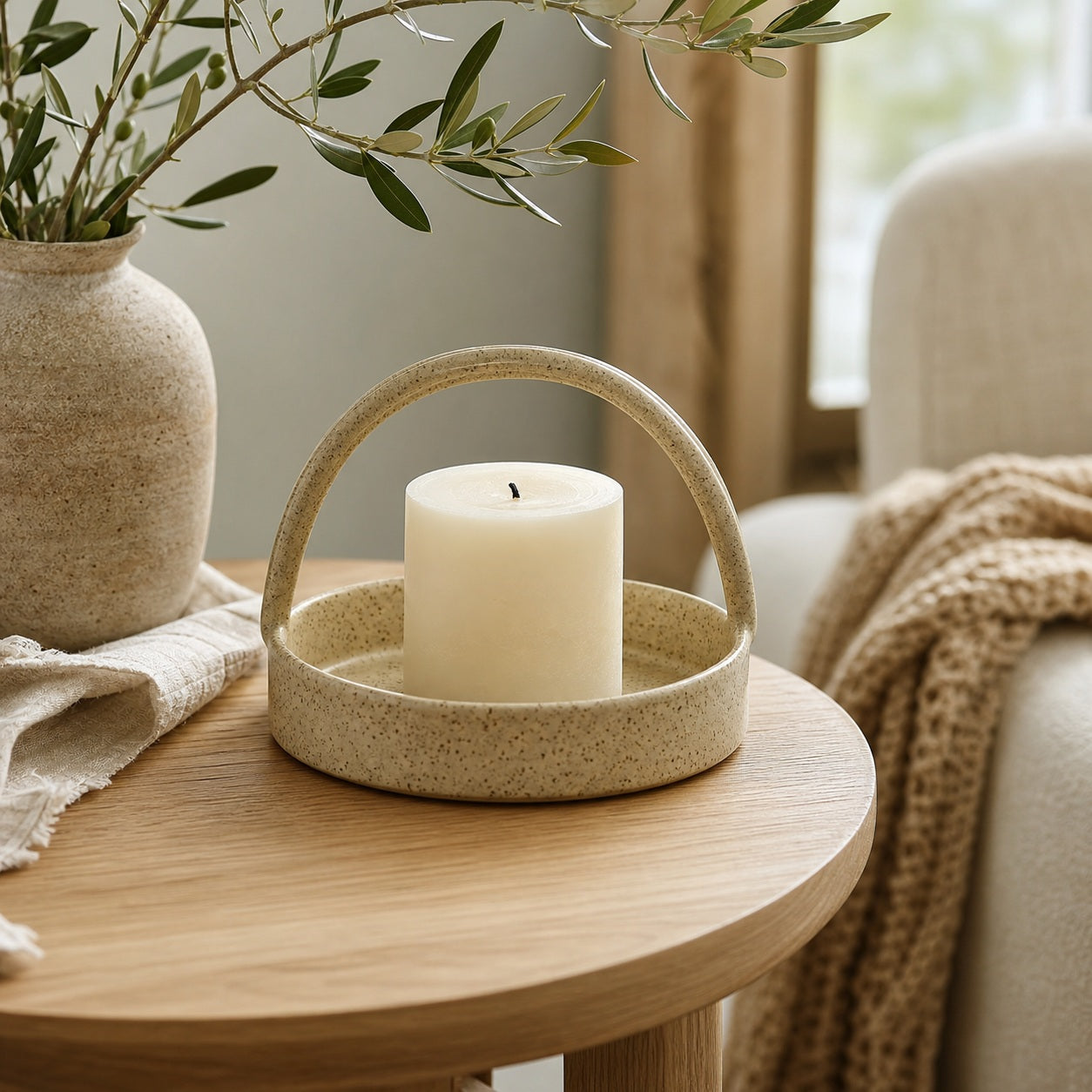 Handled Ceramic Candle Tray - lifestyle scene