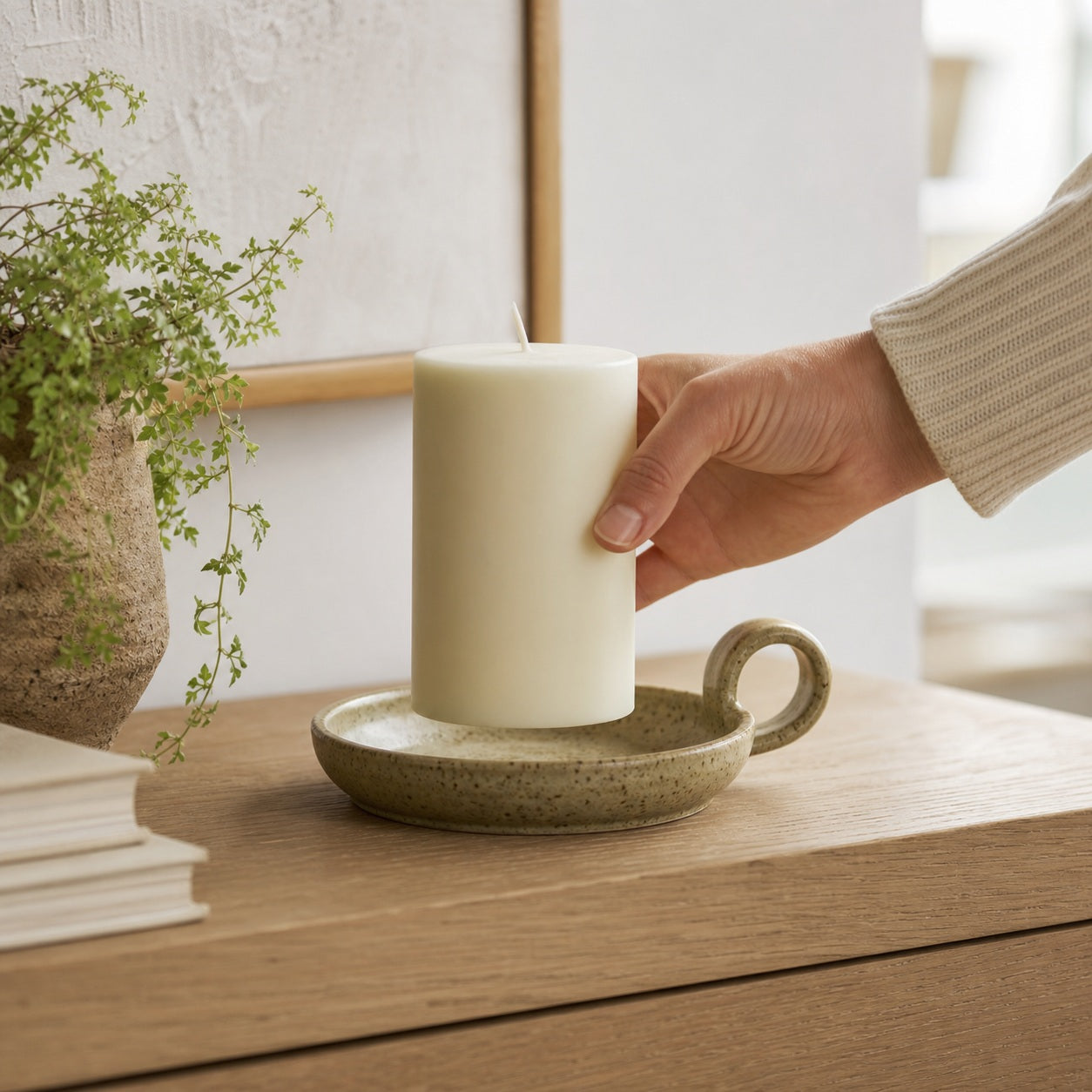 Handled Ceramic Candle Tray - product in use