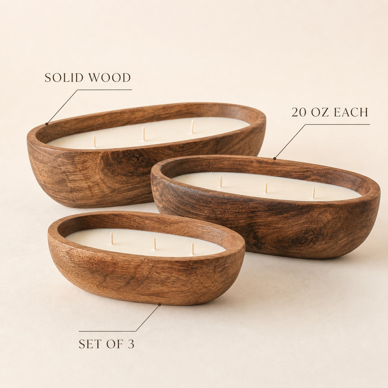 Wooden Dough Bowl Candle Vessels - features and dimensions