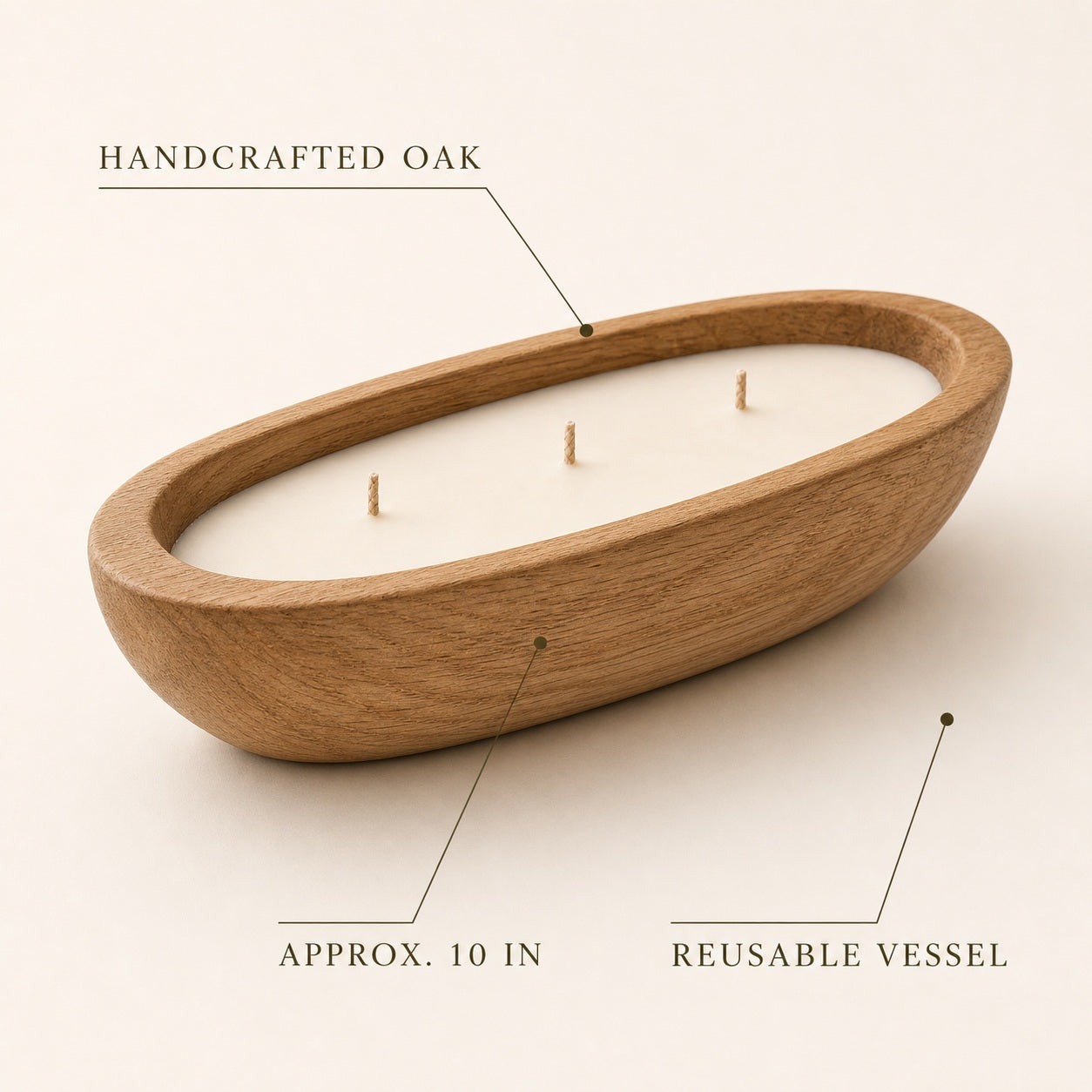 Handcrafted Oak Candle Bowl - features and dimensions