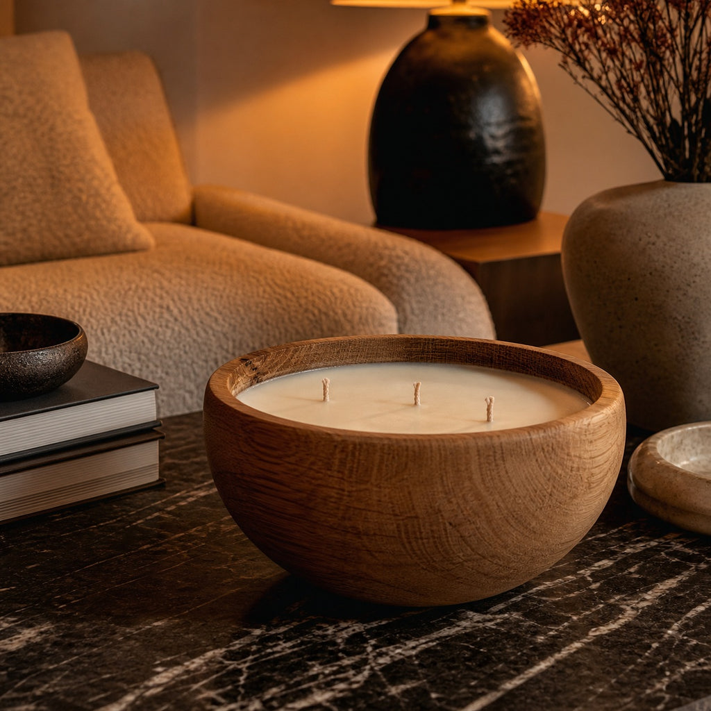 Handcrafted Oak Candle Bowl - lifestyle scene