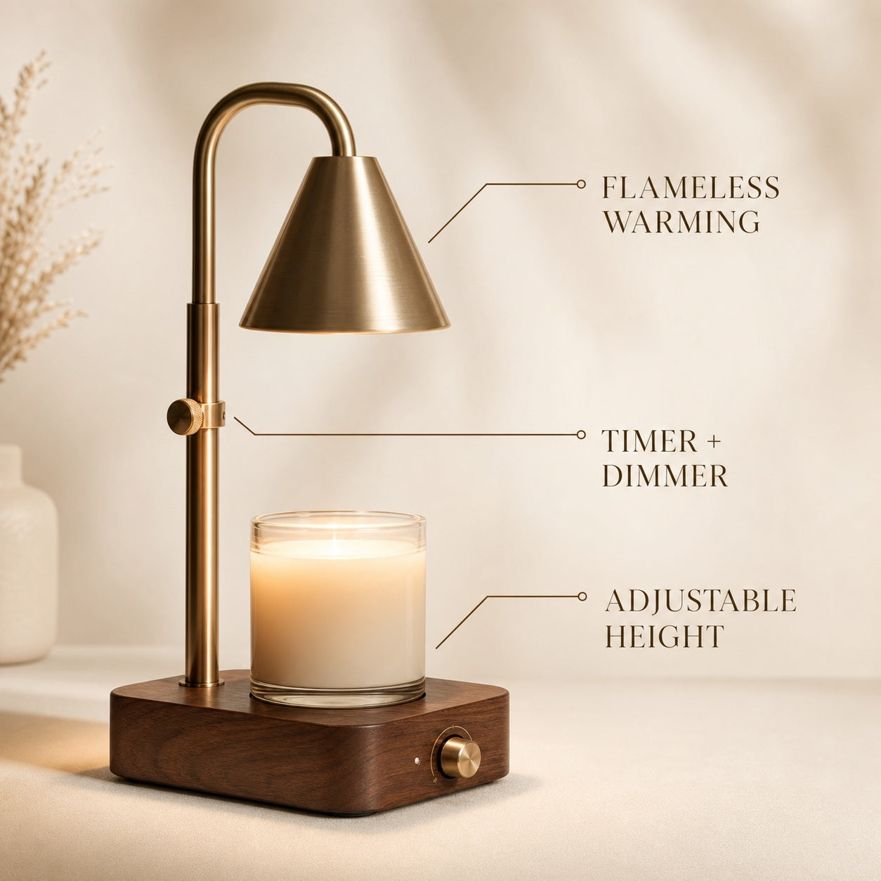 Walnut Base Candle Warmer Lamp - features and dimensions